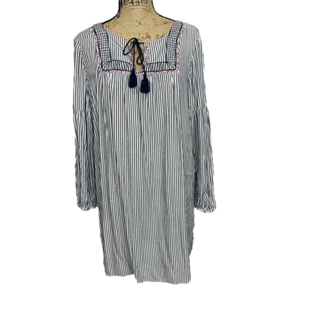 Boutique Striped Boho Tie Neck Mini Dress
